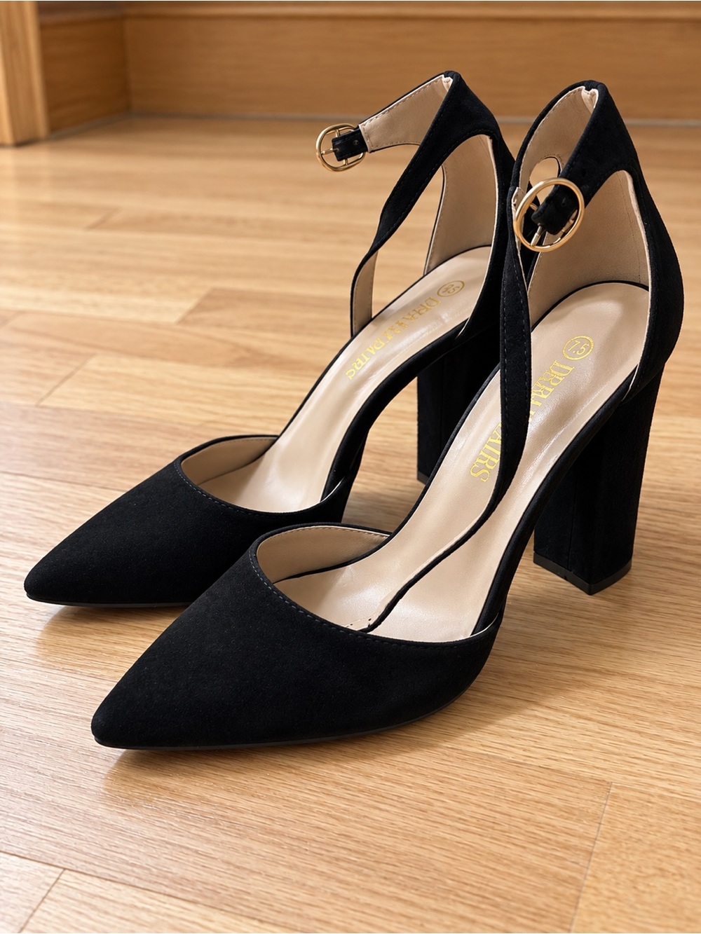 Dream Pairs Black Suede Pointed-Toe Block Heel Pumps with Ankle Strap
